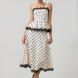 POLKA DOT PEPLUM TOP AND MAXI SKIRT SET
