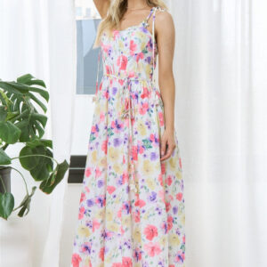 FLORAL PRINT CORSET MIDI DRESS WITH TIE STRAPS