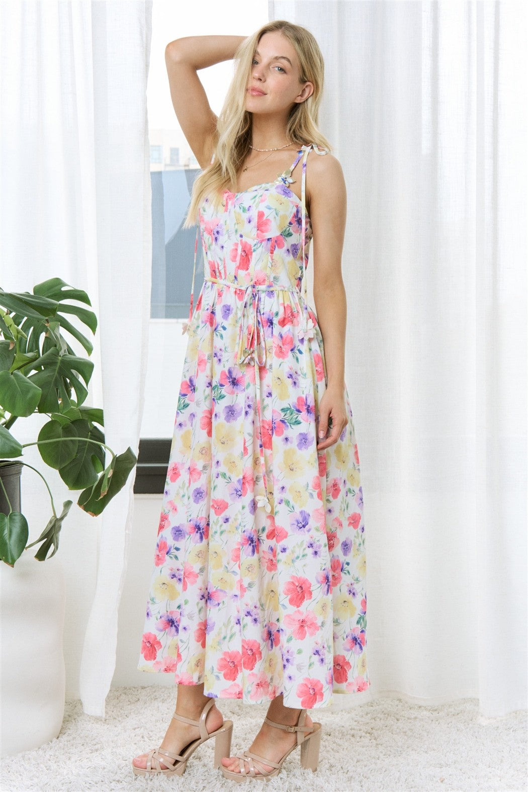 FLORAL PRINT CORSET MIDI DRESS WITH TIE STRAPS
