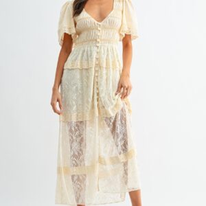 LACE MAXI DRESS WITH PUFF SLEEVES