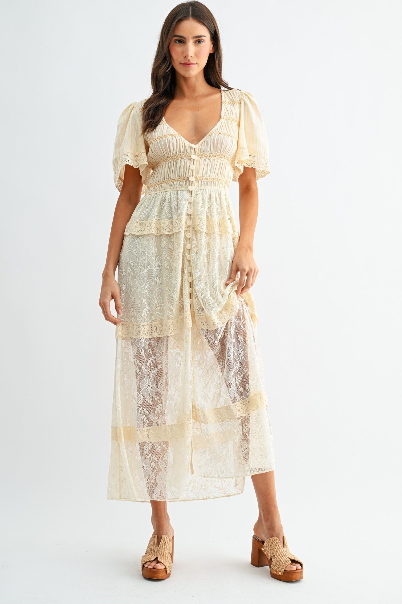 LACE MAXI DRESS WITH PUFF SLEEVES