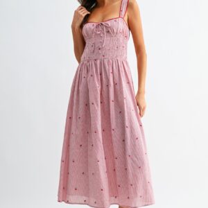 Striped Midi Dress With Flower Embroidered
